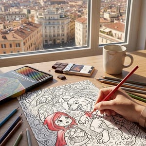 May include: A coloring page featuring a character in a red hood and a wolf in a forest setting, partially colored with red pencil. Beside it are a Prismacolor Premier pencil set, loose colored pencils, a chocolate bar, and a white ceramic mug.