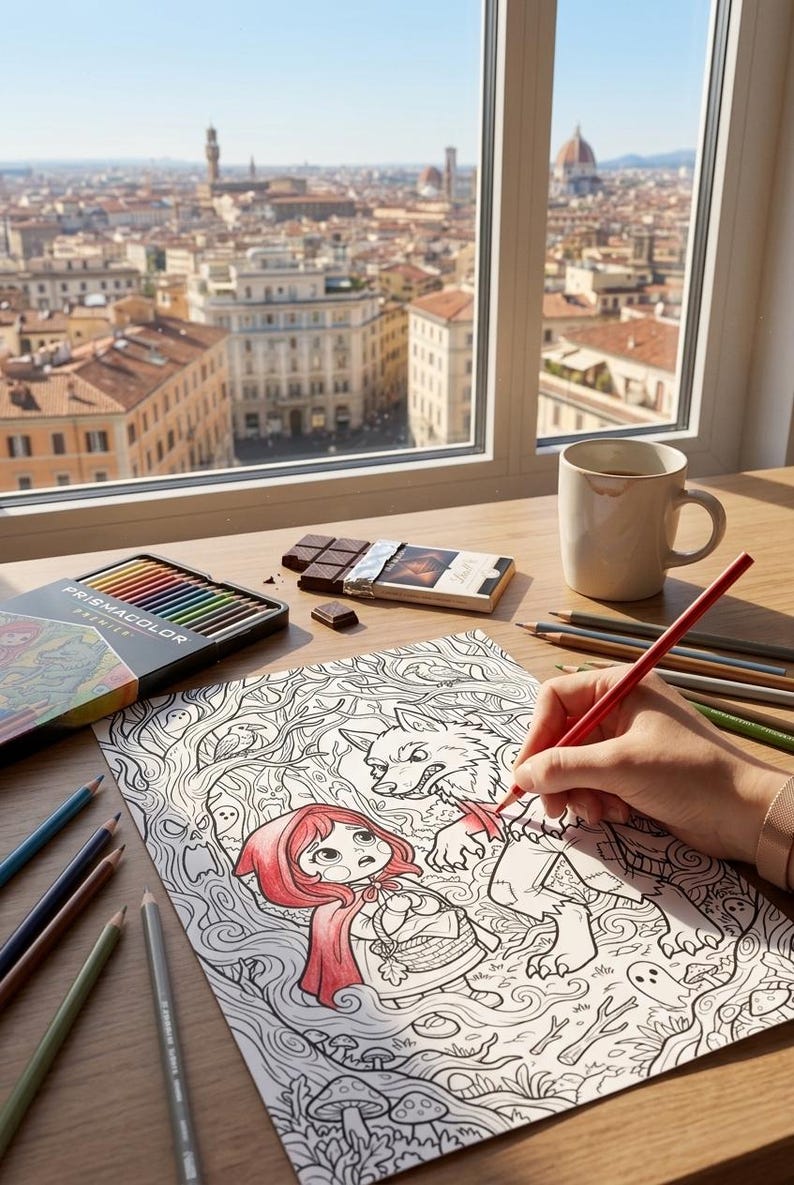May include: A coloring page featuring a character in a red hood and a wolf in a forest setting, partially colored with red pencil. Beside it are a Prismacolor Premier pencil set, loose colored pencils, a chocolate bar, and a white ceramic mug.