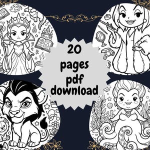 May include: Black and white line art illustrations of four cartoon characters in circular frames. The text "20 pages pdf download" is in the center. The characters include a queen, a villain, a lion, and a mermaid.