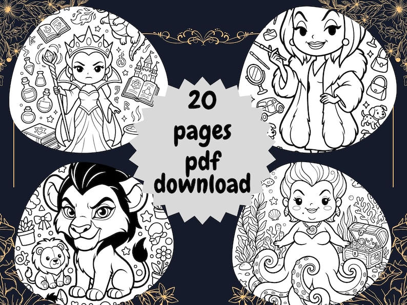 May include: Black and white line art illustrations of four cartoon characters in circular frames. The text "20 pages pdf download" is in the center. The characters include a queen, a villain, a lion, and a mermaid.