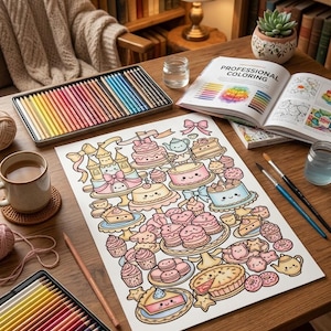 May include: A wooden table displays a coloring book, colored pencils, and a detailed illustration of cakes and pastries. A cup of coffee and a lamp are also visible, creating a cozy atmosphere. The coloring book is titled "Professional Coloring".
