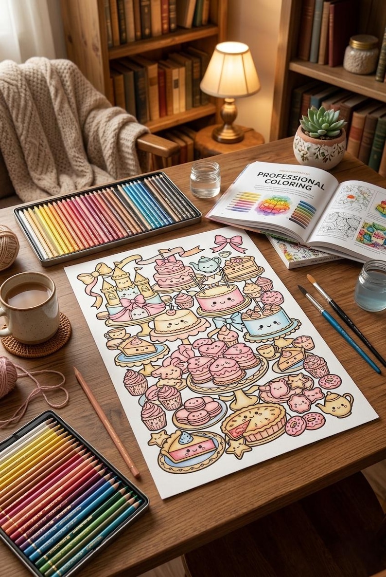 May include: A wooden table displays a coloring book, colored pencils, and a detailed illustration of cakes and pastries. A cup of coffee and a lamp are also visible, creating a cozy atmosphere. The coloring book is titled "Professional Coloring".