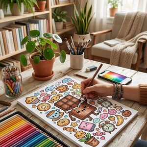 May include: A person coloring a detailed illustration of desserts and sweets with colored pencils. The image includes a tray of colored pencils, a jar of crayons, and a smartphone displaying a color palette. The scene is set on a wooden table.