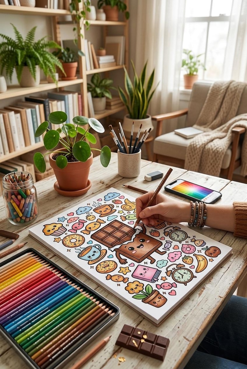 May include: A person coloring a detailed illustration of desserts and sweets with colored pencils. The image includes a tray of colored pencils, a jar of crayons, and a smartphone displaying a color palette. The scene is set on a wooden table.