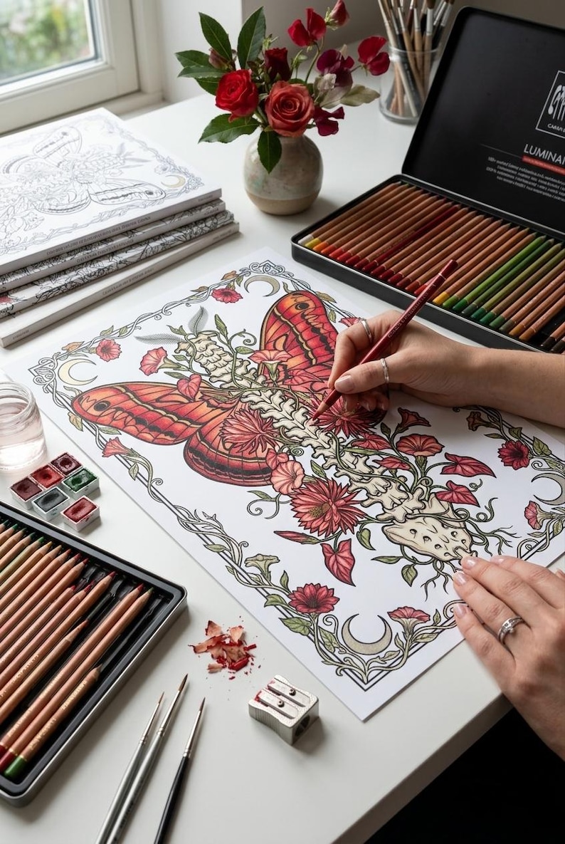 May include: A detailed illustration of a butterfly and floral design is being colored with colored pencils. A black tin of colored pencils and watercolor paints are on the white surface. A small vase of red flowers sits nearby. Art supplies for coloring and drawing.