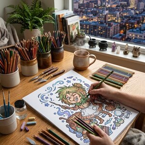 May include: A person coloring a detailed illustration of a cartoon witch with colored pencils. The scene includes various art supplies, a mug of coffee, and a cityscape visible through a window. The pencils are arranged in ceramic jars.