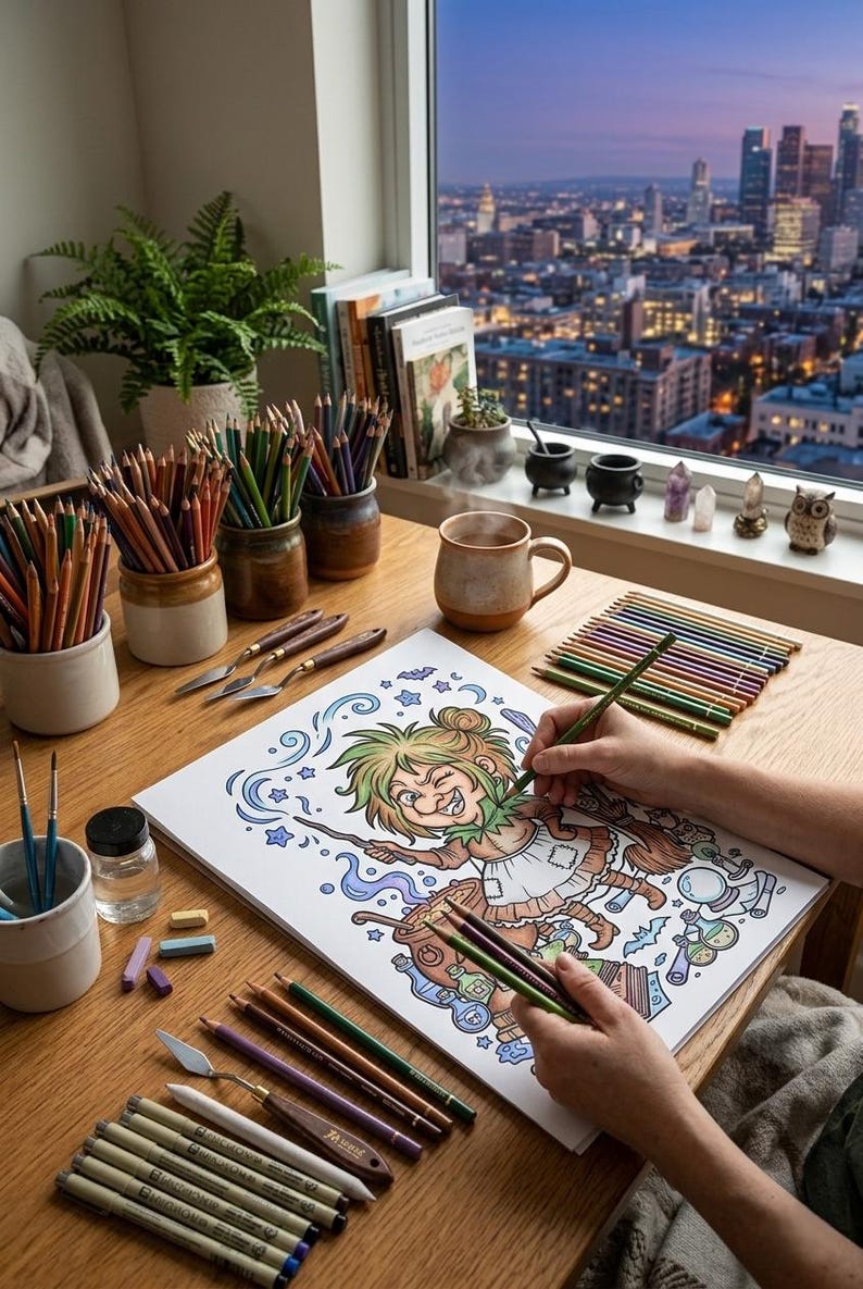 May include: A person coloring a detailed illustration of a cartoon witch with colored pencils. The scene includes various art supplies, a mug of coffee, and a cityscape visible through a window. The pencils are arranged in ceramic jars.