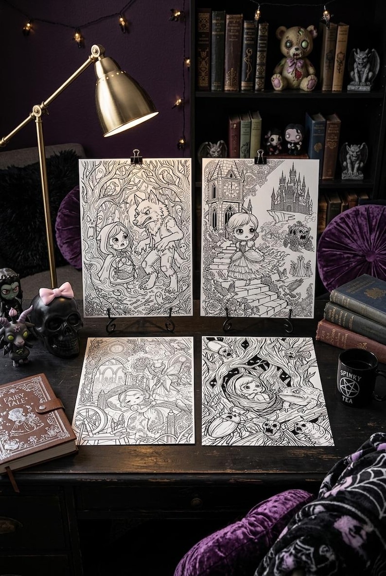 May include: Four black and white coloring pages featuring intricate illustrations of fairy tale characters and scenes, including a girl with a wolf, a castle setting, a spinning wheel, and a forest scene with insects, all presented on a dark desk.