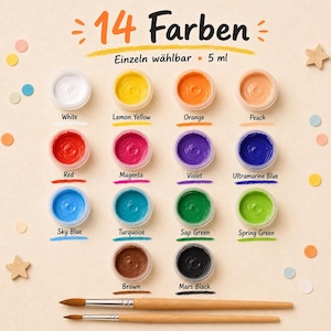 Puede incluir: Una colección de 14 colores de pintura en pequeños recipientes abiertos, incluyendo blanco, amarillo, naranja, rojo, rosa, morado, azul, verde, marrón y negro. El texto "14 Farben" está en la parte superior, con "5 ml" debajo. Dos pinceles en la parte inferior.