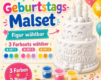 Geburtstags Malset Kinder – DIY Kreativ-Kit (Figur wählbar) mit 3 Farben (5 ml) & 2 Pinseln