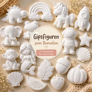 Pode incluir: Uma coleção de figuras de gesso branco, incluindo um dinossauro, um arco-íris, um unicórnio, um foguete, um elefante, um sapo, um astronauta, uma estrela, um macaco, uma sereia, uma folha, uma bolota, uma abóbora, uma concha, uma fatia de laranja e um morango.