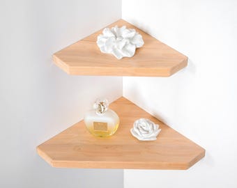 Diamond Corner Shelf Natural Wood, Geometric Floating Shelf, Wooden Wall Decor, Small Corner Bookshelf, Crystal Display Shelf
