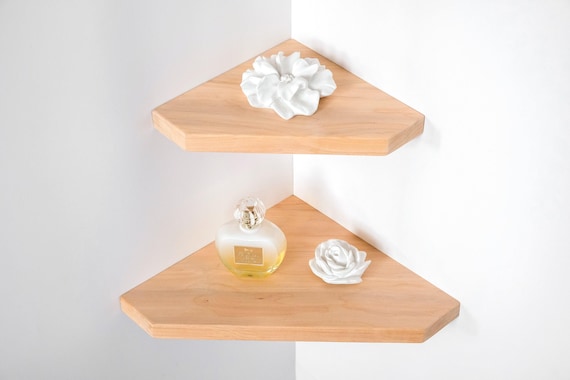 Diamond Corner Shelf Natural Wood, Geometric Floating Shelf, Wooden Wall Decor, Small Corner Bookshelf, Crystal Display Shelf