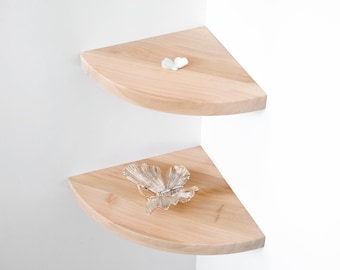 Round wooden corner shelf with hidden fastening, floating corner shelf made of natural wood for plants, decor, perfumes, wall corner shelf