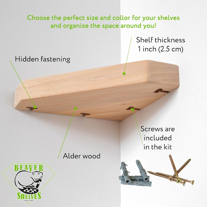 Puede incluir: Una estanter&iacute;a de madera de aliso de color claro con fijaciones ocultas. La estanter&iacute;a tiene 2,5 cm de grosor y viene con tornillos para la instalaci&oacute;n. La imagen tambi&eacute;n incluye el logotipo de Beaver Shelves y el texto: "&iexcl;Elige el tama&ntilde;o y el color perfectos para tus estanter&iacute;as y organiza el espacio que te rodea!"