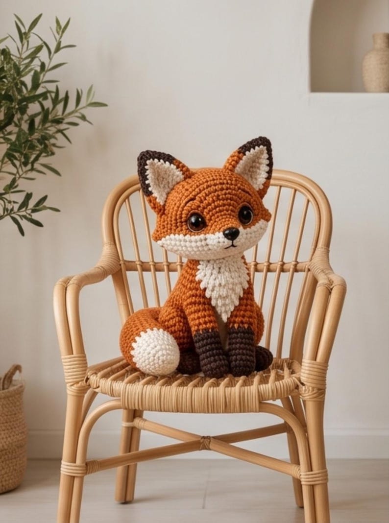 K&ouml;nnte beinhalten: Ein geh&auml;keltes Fuchs-Stofftier mit einem leuchtend orangefarbenen K&ouml;rper, einem wei&szlig;en Brustfleck und einer wei&szlig; gespitzten Rute. Der Fuchs hat dunkelbraune Ohren, dunkelbraune Pfoten und gro&szlig;e schwarze Sicherheitsaugen aus sichtbarem Garn.