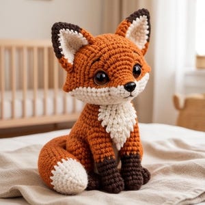 K&ouml;nnte beinhalten: Ein geh&auml;keltes Fuchskuscheltier aus leuchtend orangefarbenem Garn mit wei&szlig;er Brust und wei&szlig;er Schwanzspitze sowie dunkelbraunen Akzenten an Ohren und Pfoten. Der Fuchs hat gro&szlig;e, runde, dunkle Augen und eine kleine schwarze Nase.