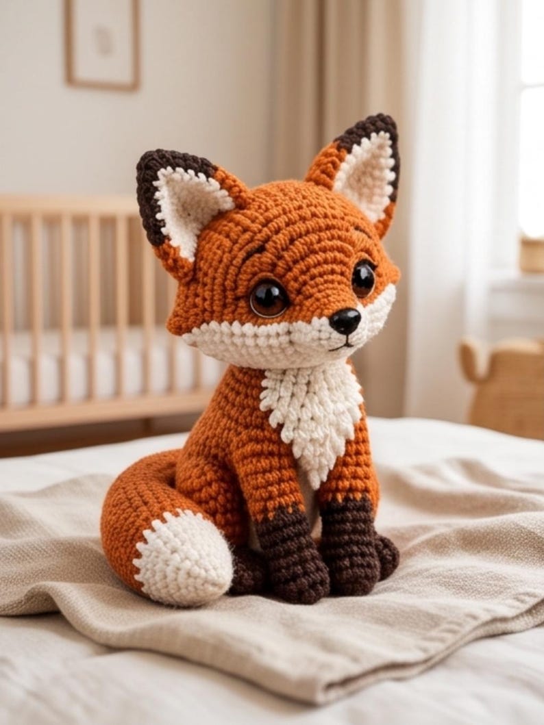 K&ouml;nnte beinhalten: Ein geh&auml;keltes Fuchskuscheltier aus leuchtend orangefarbenem Garn mit wei&szlig;er Brust und wei&szlig;er Schwanzspitze sowie dunkelbraunen Akzenten an Ohren und Pfoten. Der Fuchs hat gro&szlig;e, runde, dunkle Augen und eine kleine schwarze Nase.