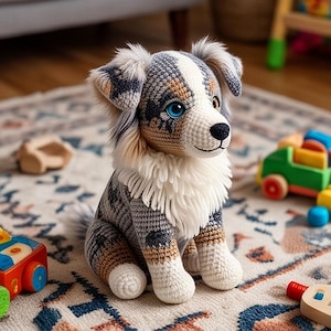 May include: A crocheted stuffed dog toy featuring a blue merle pattern with gray, white, and tan yarn. The plush animal has a white chest ruff, a black nose, and one bright blue eye visible. It is crafted with detailed stitching throughout.