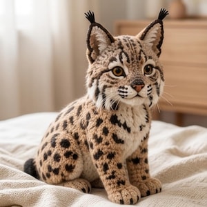 May include: A crocheted lynx figurine featuring tan and cream yarn with dark brown spots. The lynx has pointed ears with black tufts, large amber-colored eyes, a small pink nose, and white whiskers. It is depicted in a seated position.