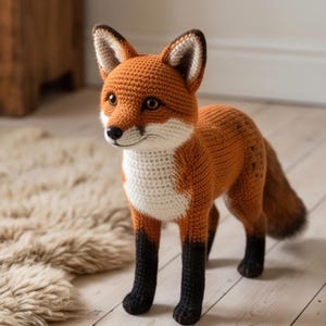 May include: A handcrafted crochet fox toy featuring a vibrant orange body, a white chest and muzzle, and dark brown ears, nose, and lower legs. The fox has dark, round eyes and a textured, stitched appearance, standing in a realistic pose.