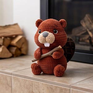 May include: A brown crocheted beaver plush toy with a tan muzzle, a grey nose, and two white teeth. The beaver has large black eyes, small rounded ears, and a dark brown tail. It is holding a small, realistic wooden stick in its front paws.