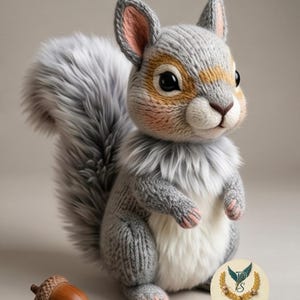 Könnte beinhalten: Eine gestrickte Eichhörnchenfigur mit grauem und weißem Fell, großen schwarzen Augen sowie rosa getönten Ohren und Pfoten. Das Eichhörnchen hat einen buschigen Schwanz und einen beigen Fleck im Gesicht. Eine braune Eichel liegt daneben. Logo Promtiva Studio.