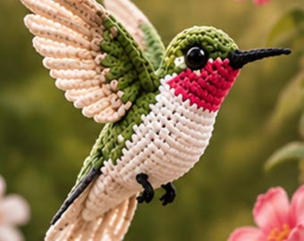 May include: A crocheted hummingbird figurine featuring a vibrant green back, a bright red throat patch, and a white underbelly. The wings are crafted in shades of cream and light green, with a black beak and small black eyes, captured in flight.