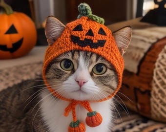 May include: A crocheted orange pumpkin hat for a cat, featuring a green stem on top, a black jack-o'-lantern face design, and two small dangling pumpkin charms attached to orange chin ties. The hat is textured with a visible yarn stitch pattern.