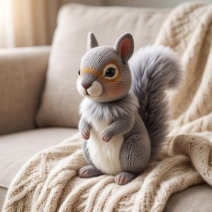 May include: A grey crocheted squirrel figurine with a fluffy tail, white chest fur, and orange accents around the eyes. The squirrel has pointed ears, dark eyes, and a small nose, crafted with a detailed knit texture throughout its body.