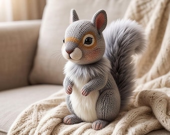 Könnte beinhalten: Eine graue gehäkelte Eichhörnchenfigur mit buschigem Schwanz, weißem Brustfell und orangefarbenen Akzenten um die Augen. Das Eichhörnchen hat spitze Ohren, dunkle Augen und eine kleine Nase, gefertigt mit einer detaillierten Strickstruktur.