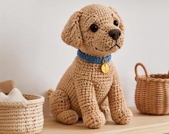 May include: A tan crochet dog figurine in a sitting position with floppy ears, a dark brown nose, and black eyes. The dog wears a bright blue collar with a small, round, gold-colored metal tag attached to the front. The texture is yarn-based.