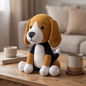 May include: A crocheted beagle dog toy featuring a brown, black, and white yarn pattern. The stuffed animal has large floppy ears, black plastic eyes, a stitched black nose, and white paws. It is crafted with a dense, textured stitch pattern.