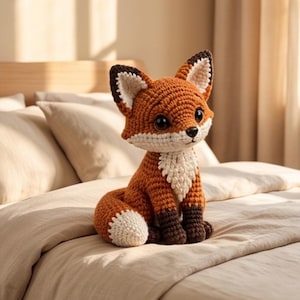 K&ouml;nnte beinhalten: Ein geh&auml;keltes Fuchskuscheltier mit einem leuchtend orangefarbenen K&ouml;rper, einer wei&szlig;en Brust und Schwanzspitze sowie dunkelbraunen Pfoten und Ohrspitzen. Der Fuchs hat gro&szlig;e, dunkle, gl&auml;nzende Augen und eine kleine schwarze Nase.