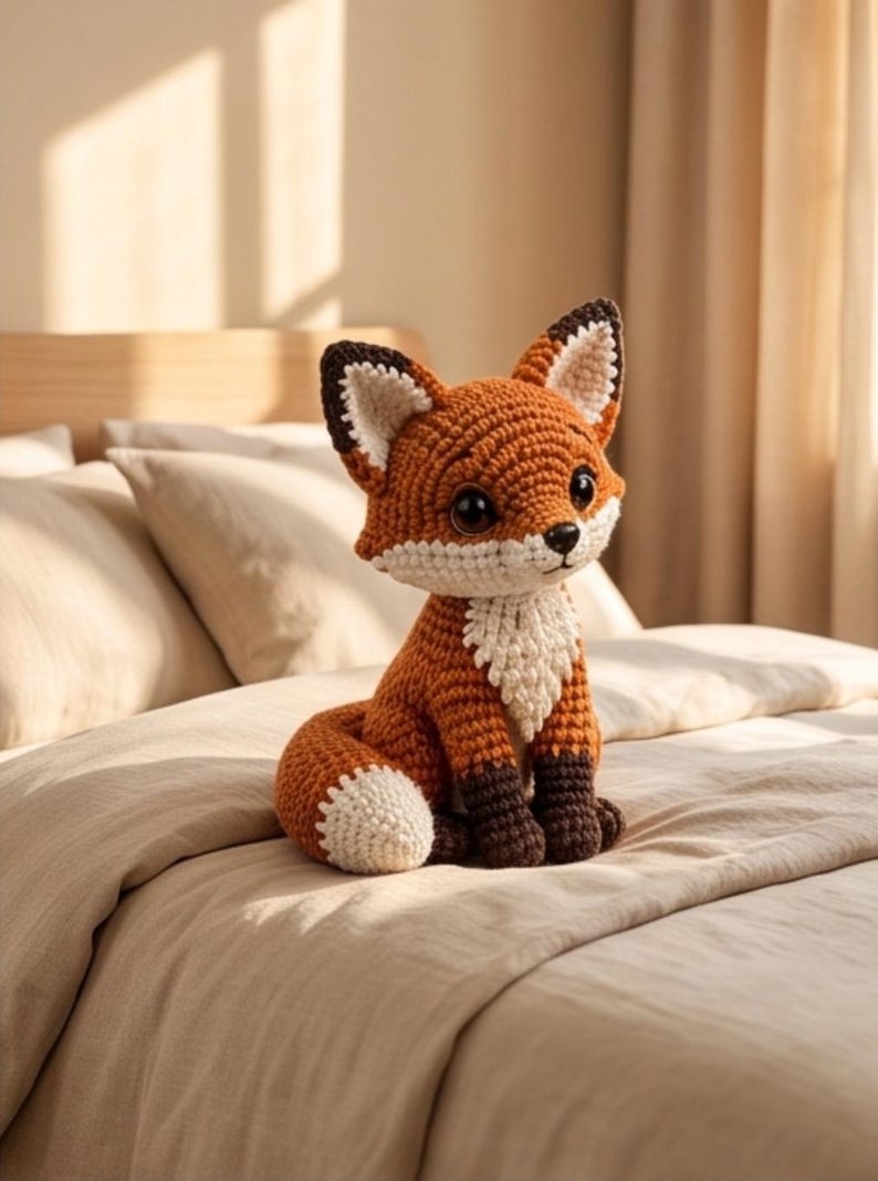K&ouml;nnte beinhalten: Ein geh&auml;keltes Fuchskuscheltier mit einem leuchtend orangefarbenen K&ouml;rper, einer wei&szlig;en Brust und Schwanzspitze sowie dunkelbraunen Pfoten und Ohrspitzen. Der Fuchs hat gro&szlig;e, dunkle, gl&auml;nzende Augen und eine kleine schwarze Nase.