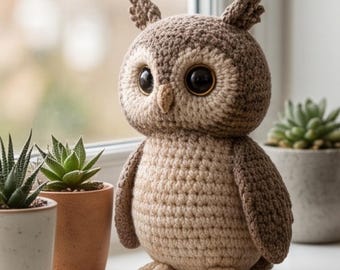 May include: A crochet owl figurine featuring a light beige belly and darker brown head, wings, and ear tufts. The owl has large, round, dark brown eyes and a small, light-colored beak, crafted with a textured yarn stitch throughout its body.