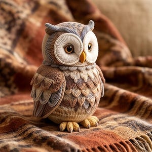 May include: A handcrafted knitted owl figurine featuring a detailed texture with shades of brown, beige, and grey yarn. The owl has large, round, dark eyes, a prominent yellow beak, and layered feather-like stitching across its body and wings.