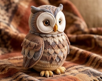 Könnte beinhalten: Eine handgestrickte Eulenfigur mit detaillierter Textur in Braun-, Beige- und Grautönen. Die Eule hat große, runde, dunkle Augen, einen markanten gelben Schnabel und eine geschichtete, federartige Strickstruktur am Körper und an den Flügeln.