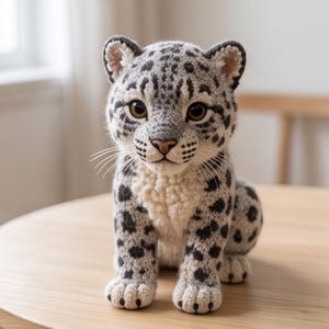 Pode incluir: Um animal de peluche feito em croché com a forma de um leopardo-das-neves. A figura apresenta um corpo cinzento claro com manchas cinzentas escuras e pretas, um peito cor de creme e grandes olhos castanhos. Tem bigodes brancos e orelhas.