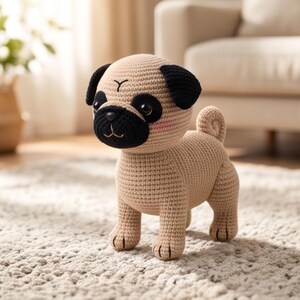 以下が含まれることがあります： ベージュの糸で編まれたかぎ針編みのパグの犬のぬいぐるみ。黒い鼻口部、黒い耳、黒い目の周りの模様が特徴です。丸まった尻尾、暗いプラスチック製の目、刺繍された口があり、4本の足で立っています。足の細部まで丁寧に作られています。