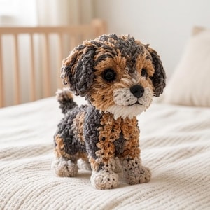 May include: A crocheted stuffed dog toy featuring a textured coat in shades of dark gray, light brown, and cream. The plush figure has large black plastic eyes, a black stitched nose, floppy ears, and a small upright tail, crafted with yarn.