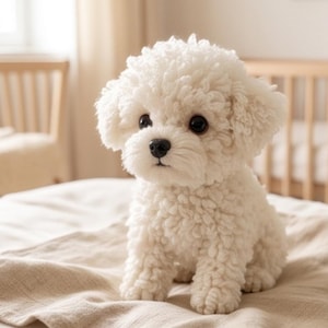 May include: A plush toy shaped like a small white dog with curly, textured fur. The stuffed animal features large, round, dark brown eyes, a small black nose, and floppy ears. The dog is depicted in a seated position with a soft, fluffy appearance.