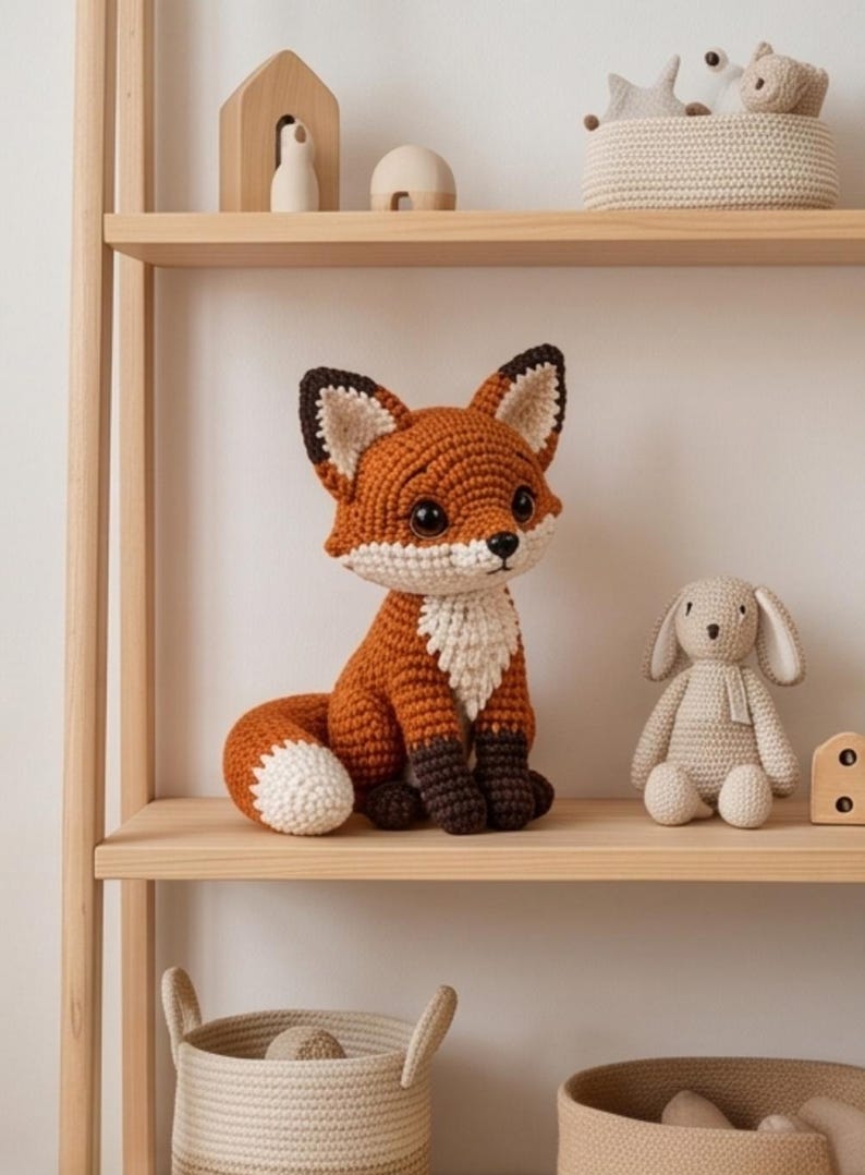 K&ouml;nnte beinhalten: Ein geh&auml;keltes Fuchskuscheltier aus orangefarbenem, wei&szlig;em und dunkelbraunem Garn. Der Fuchs hat gro&szlig;e schwarze Augen, spitze Ohren mit dunklen Spitzen und einen buschigen Schwanz mit wei&szlig;er Spitze. Er sitzt neben einem kleinen, beigen H&auml;kelhasen.
