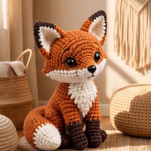 K&ouml;nnte beinhalten: Ein geh&auml;keltes Fuchskuscheltier mit einem leuchtend orangefarbenen K&ouml;rper, einer wei&szlig;en Brust und Schwanzspitze sowie dunkelbraunen Akzenten an Ohren und Pfoten. Der Fuchs hat gro&szlig;e, dunkle, gl&auml;nzende Augen und eine kleine schwarze Nase.