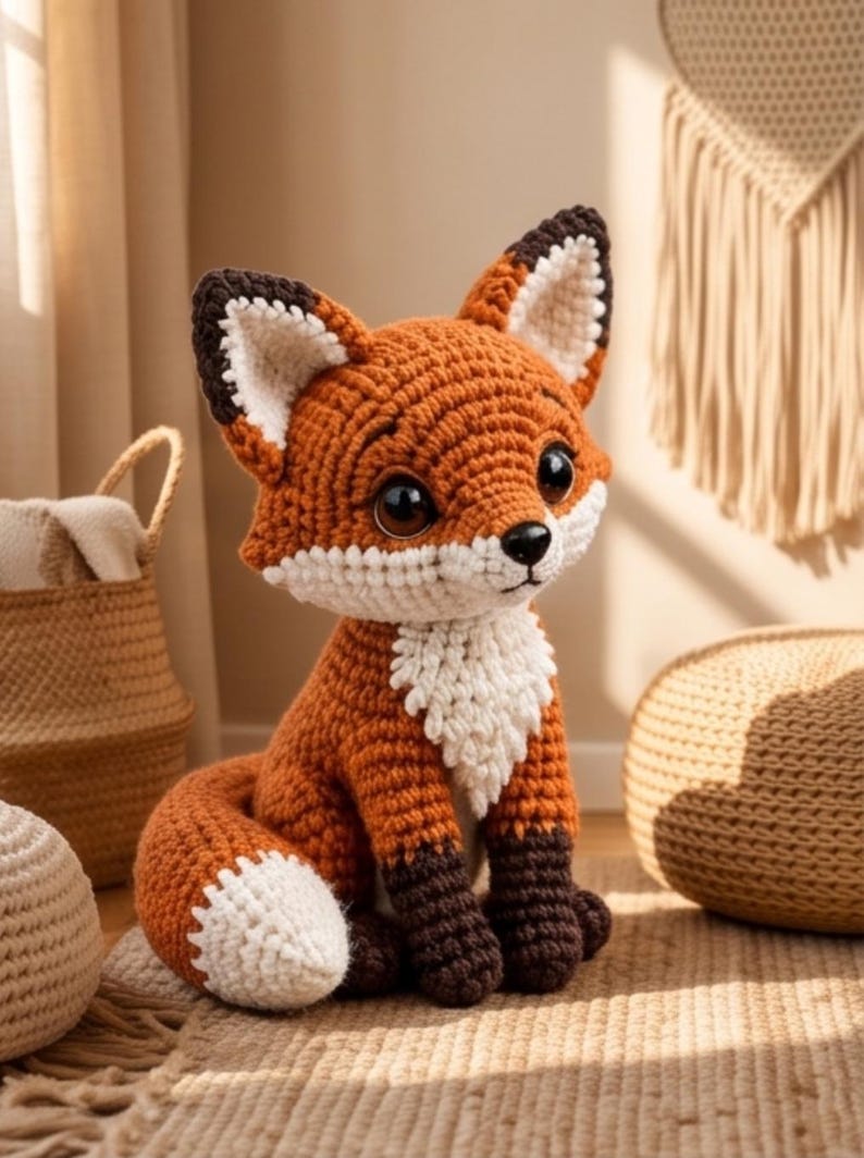 K&ouml;nnte beinhalten: Ein geh&auml;keltes Fuchskuscheltier mit einem leuchtend orangefarbenen K&ouml;rper, einer wei&szlig;en Brust und Schwanzspitze sowie dunkelbraunen Akzenten an Ohren und Pfoten. Der Fuchs hat gro&szlig;e, dunkle, gl&auml;nzende Augen und eine kleine schwarze Nase.