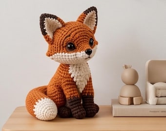 May include: A crocheted fox stuffed animal featuring a vibrant orange body, a white chest and tail tip, and dark brown ears and paws. The fox has large, glossy black eyes and a small black nose, sitting in an upright position with its tail curled.