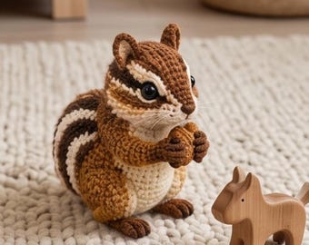 May include: A crocheted chipmunk toy in shades of brown, cream, and dark brown, featuring black eyes and holding a small nut. Beside the chipmunk is a small, smooth, light brown wooden dog figurine with a simple, carved shape and pointed ears.