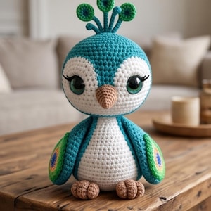 May include: A crocheted peacock doll featuring a teal and white body, a tan beak, and tan feet. The head has three green crest feathers with blue centers. The wings display green, blue, and orange accents. It has large black eyes with long lashes.