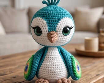 May include: A crocheted peacock doll featuring a teal and white body, a tan beak, and tan feet. The head has three green crest feathers with blue centers. The wings display green, blue, and orange accents. It has large black eyes with long lashes.