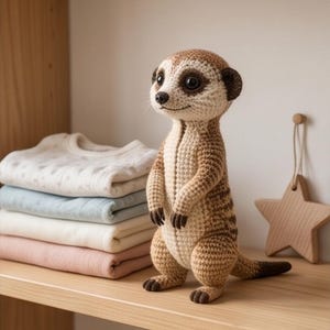 Op de afbeelding: Een gehaakt stokstaartje-figuurtje met een lichtbruin en beige kleurenpalet met donkerbruine accenten op de oren, pootjes en het puntje van de staart. Het knuffeldier heeft grote zwarte ogen en een gestikte neus en staat rechtop.